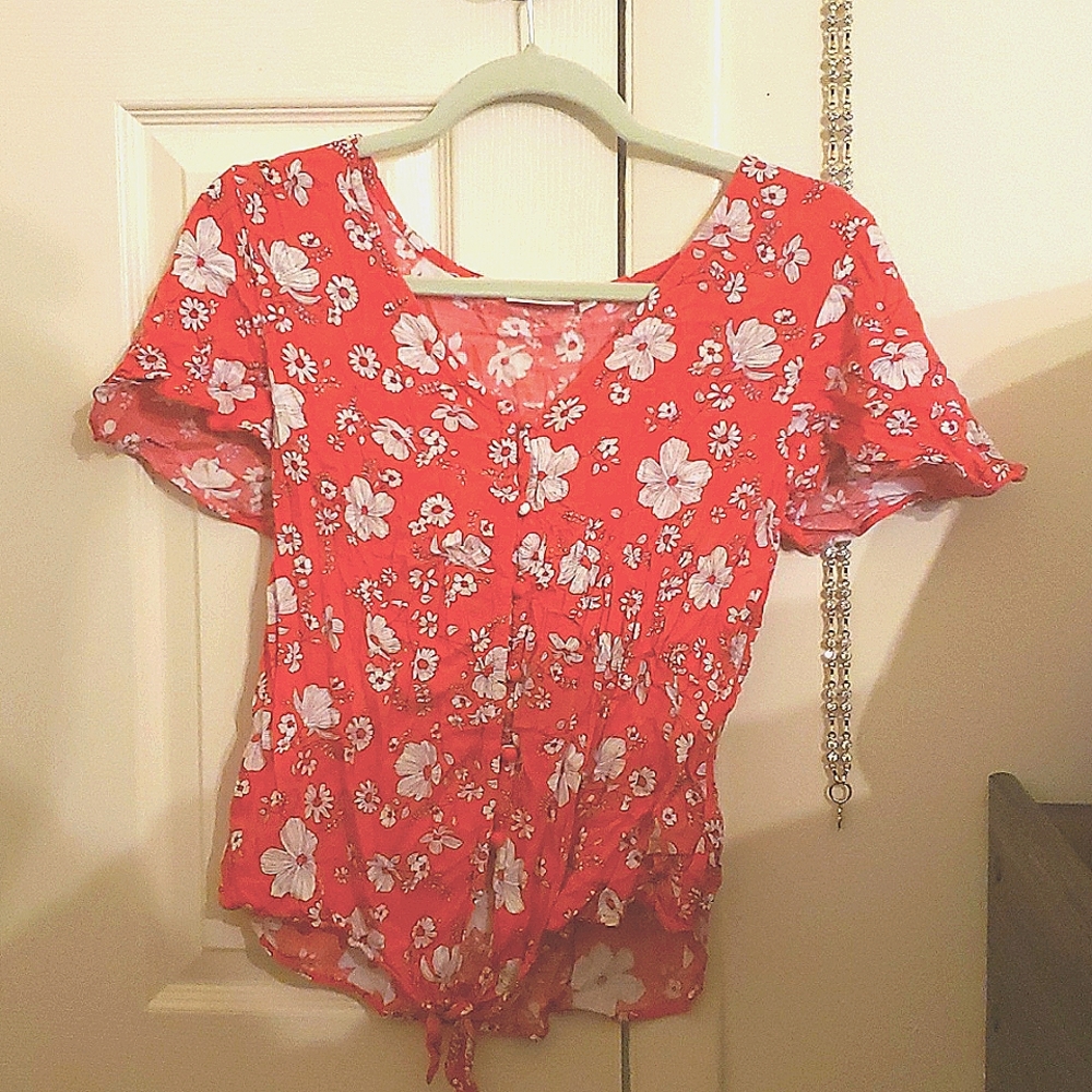 Coral, Pink, Floral, Tie-up, Blouse